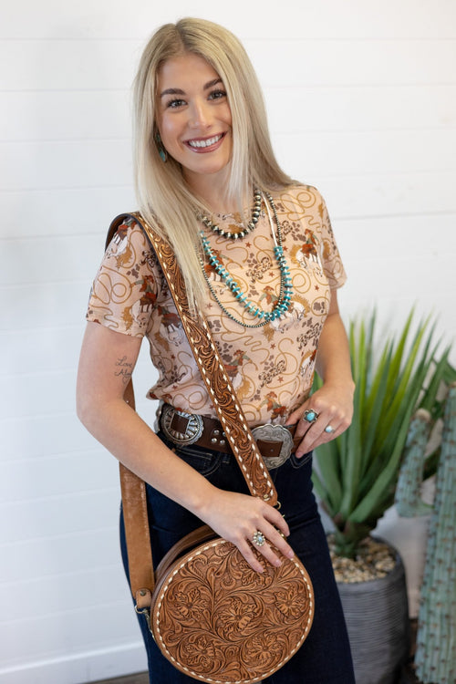 Rodeo Short Sleeve Mesh Top - Cowhide and Conchos