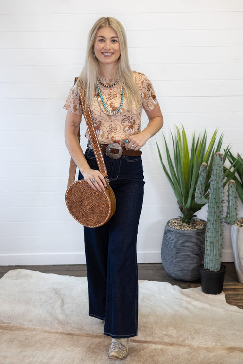 Rodeo Short Sleeve Mesh Top - Cowhide and Conchos