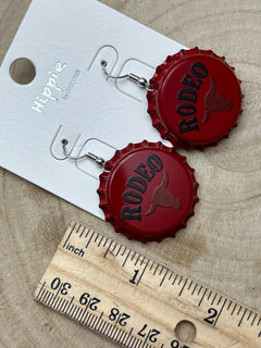 Rodeo Steer Head Beer Cap Fashion Earrings - Cowhide and Conchos