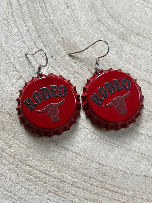 Rodeo Steer Head Beer Cap Fashion Earrings - Cowhide and Conchos