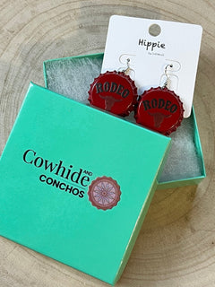 Rodeo Steer Head Beer Cap Fashion Earrings - Cowhide and Conchos