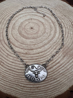 Rodeo Steer head Necklace - 18 inch + 3 - Cowhide and Conchos