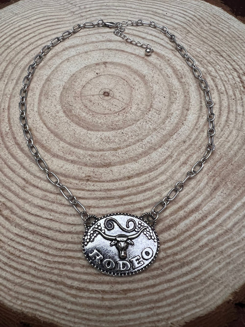 Rodeo Steer head Necklace - 18 inch + 3 - Cowhide and Conchos