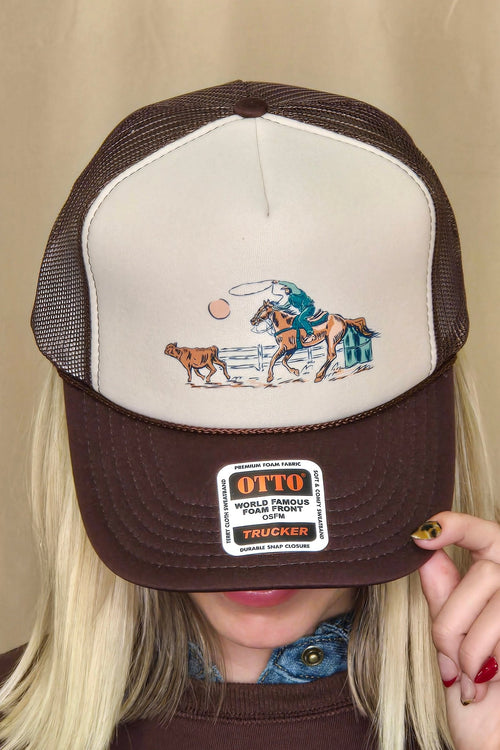 Roping Cowboy Trucker Hat  - Cowhide and Conchos