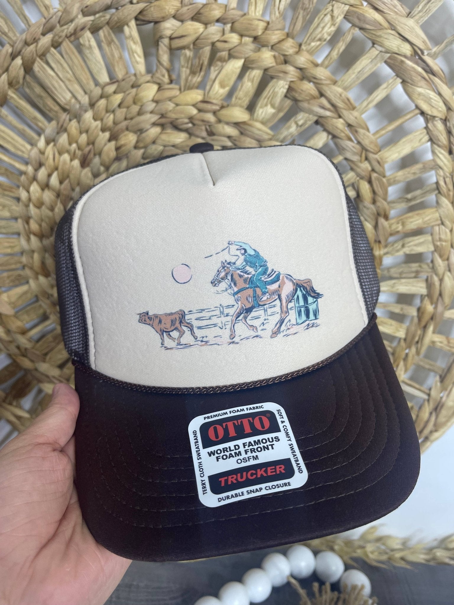 Roping Cowboy Trucker Hat  - Cowhide and Conchos