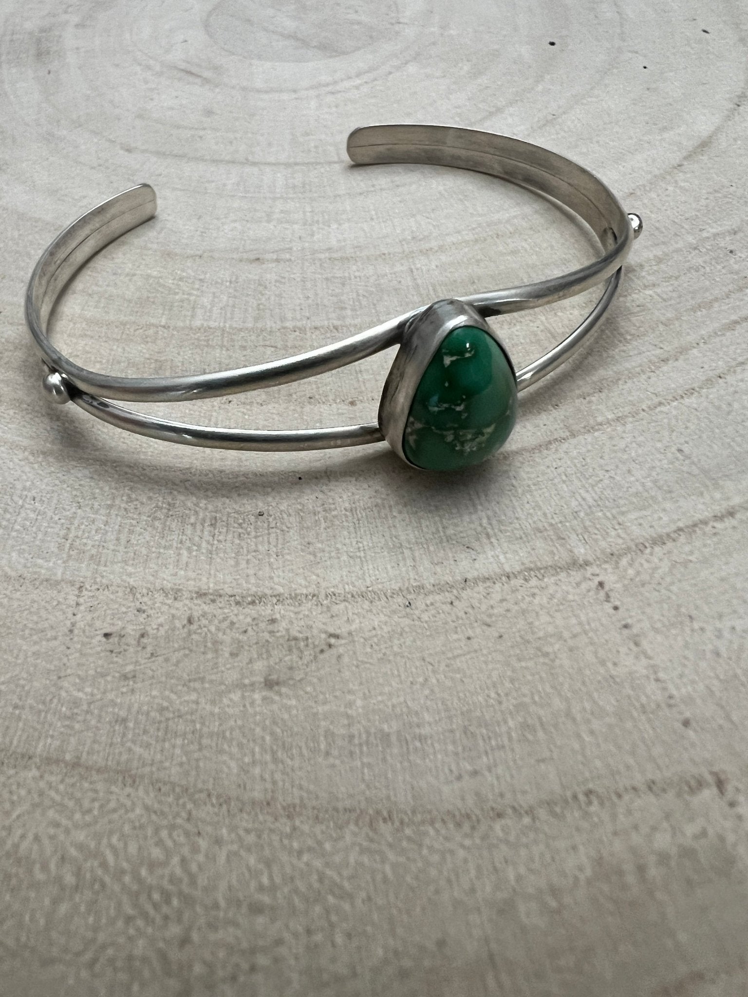 Rosemary Saunders Navajo Sterling Silver Bracelet with Sonoran Mountain Turquoise — Tapered 1/2" (Fits 6" Wrist, Heirloom) - Cowhide and Conchos