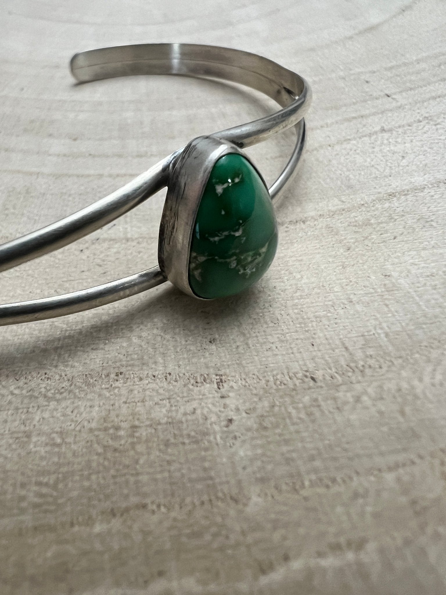Rosemary Saunders Navajo Sterling Silver Bracelet with Sonoran Mountain Turquoise — Tapered 1/2" (Fits 6" Wrist, Heirloom) - Cowhide and Conchos