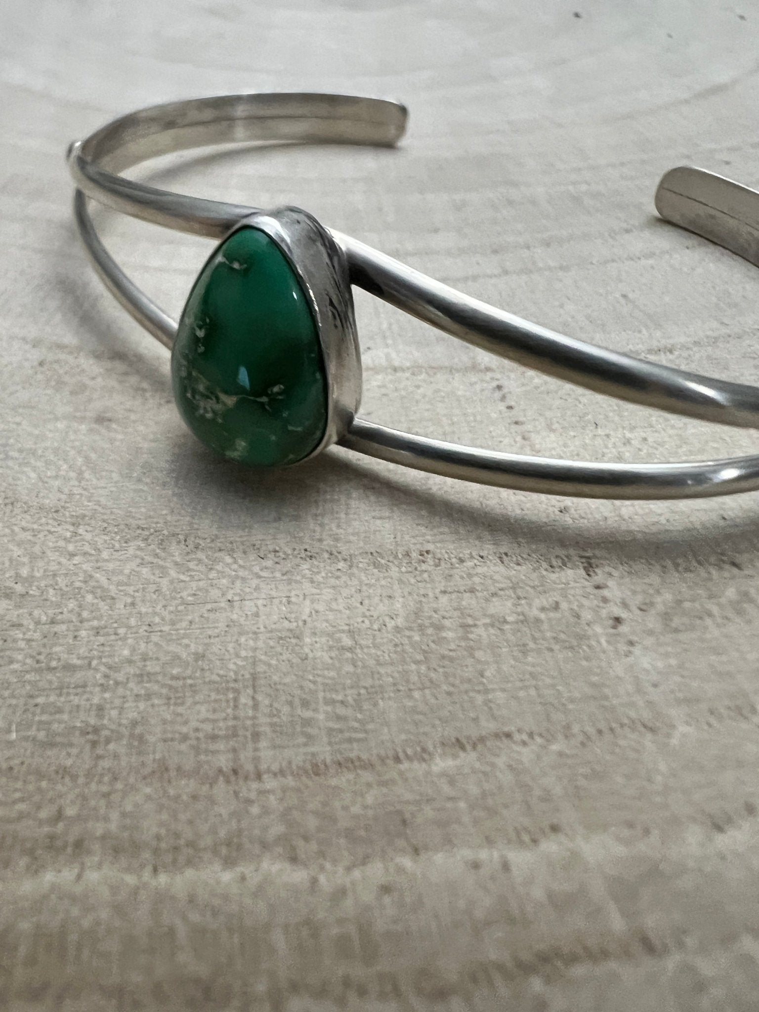 Rosemary Saunders Navajo Sterling Silver Bracelet with Sonoran Mountain Turquoise — Tapered 1/2" (Fits 6" Wrist, Heirloom) - Cowhide and Conchos