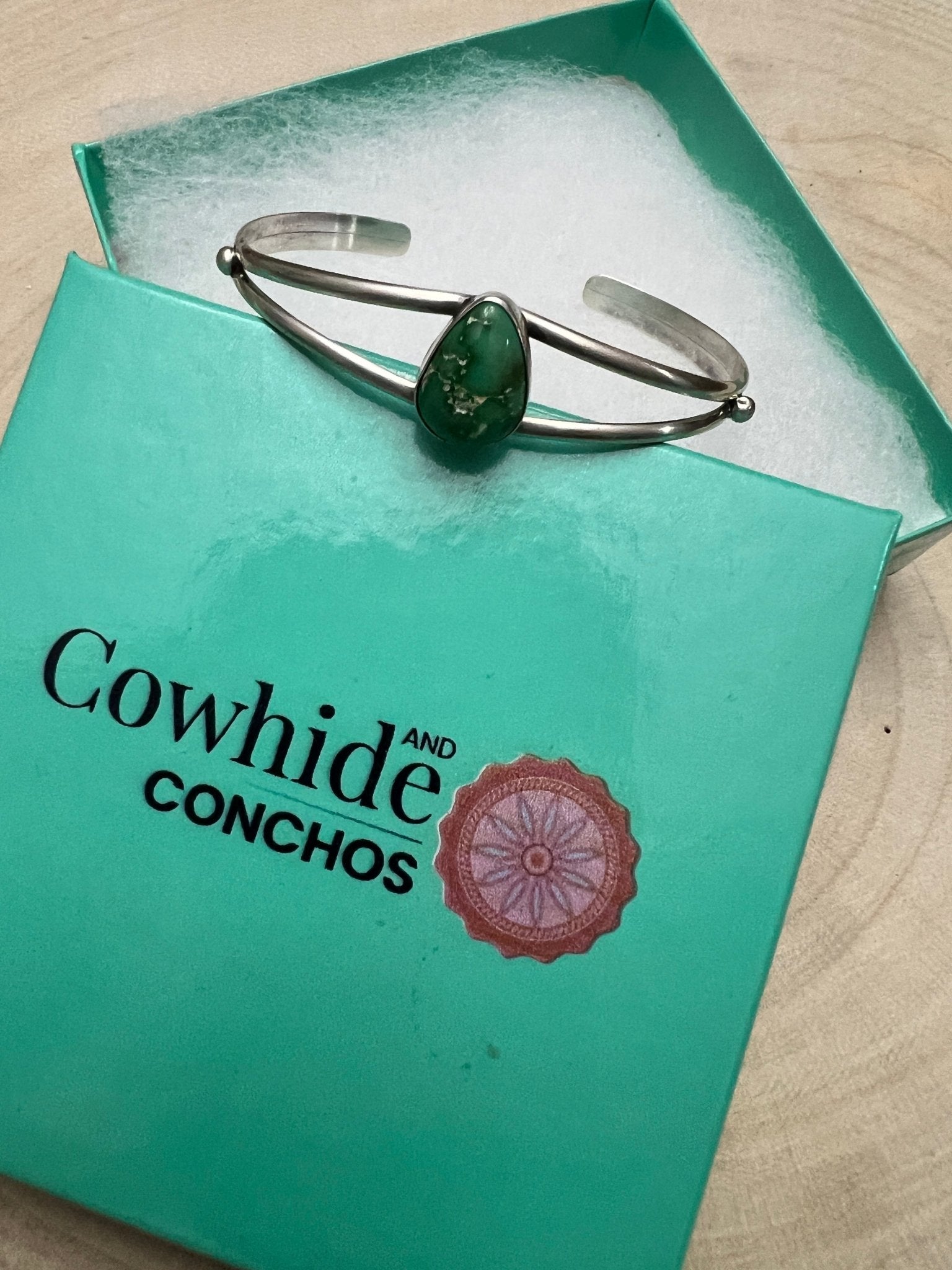 Rosemary Saunders Navajo Sterling Silver Bracelet with Sonoran Mountain Turquoise — Tapered 1/2" (Fits 6" Wrist, Heirloom) - Cowhide and Conchos