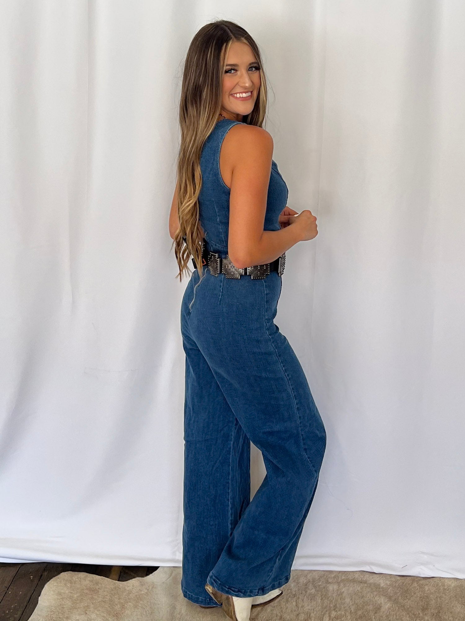 Rosie Scalloped Neckline Denim Jumpsuit - Cowhide and Conchos
