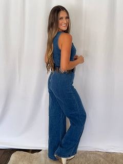 Rosie Scalloped Neckline Denim Jumpsuit - Cowhide and Conchos