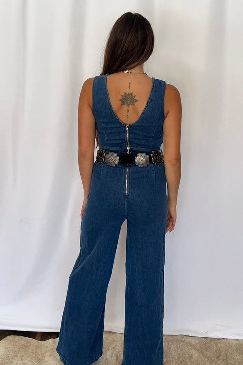 Rosie Scalloped Neckline Denim Jumpsuit - Cowhide and Conchos