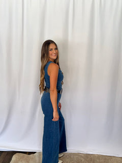 Rosie Scalloped Neckline Denim Jumpsuit - Cowhide and Conchos