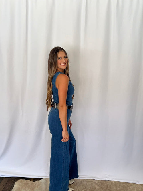 Rosie Scalloped Neckline Denim Jumpsuit - Cowhide and Conchos