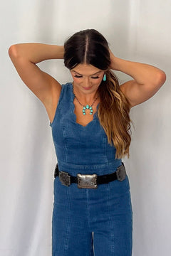 Rosie Scalloped Neckline Denim Jumpsuit - Cowhide and Conchos
