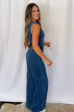 Rosie Scalloped Neckline Denim Jumpsuit - Cowhide and Conchos