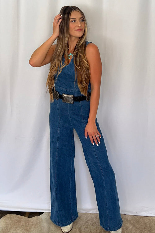 Rosie Scalloped Neckline Denim Jumpsuit - Cowhide and Conchos