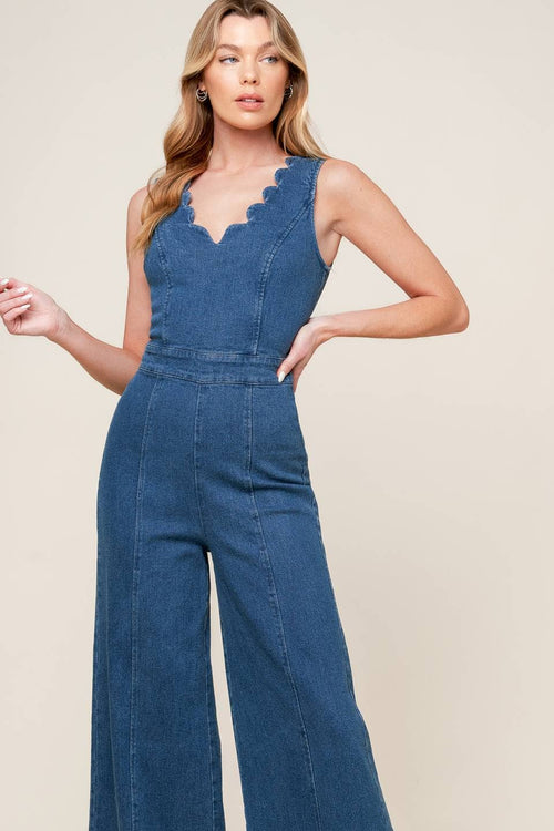 Rosie Scalloped Neckline Denim Jumpsuit - Cowhide and Conchos