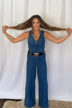 Rosie Scalloped Neckline Denim Jumpsuit - Cowhide and Conchos