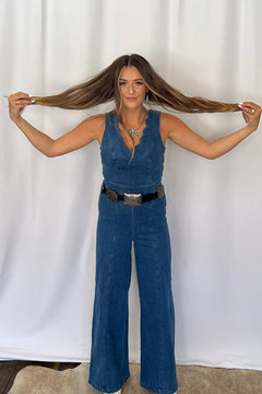 Rosie Scalloped Neckline Denim Jumpsuit - Cowhide and Conchos