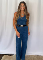 Rosie Scalloped Neckline Denim Jumpsuit - Cowhide and Conchos