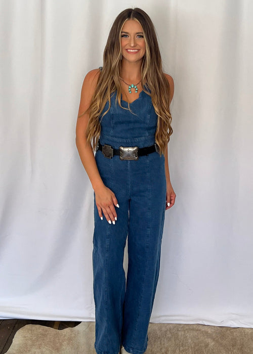 Rosie Scalloped Neckline Denim Jumpsuit - Cowhide and Conchos