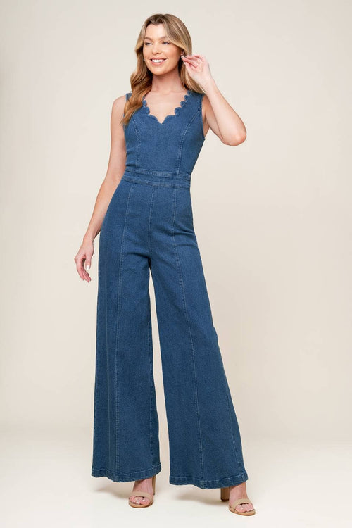 Rosie Scalloped Neckline Denim Jumpsuit - Cowhide and Conchos