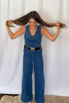 Rosie Scalloped Neckline Denim Jumpsuit - Cowhide and Conchos