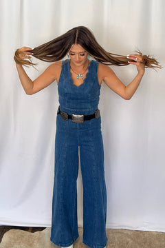Rosie Scalloped Neckline Denim Jumpsuit - Cowhide and Conchos