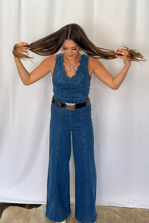 Rosie Scalloped Neckline Denim Jumpsuit - Cowhide and Conchos