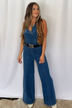 Rosie Scalloped Neckline Denim Jumpsuit - Cowhide and Conchos