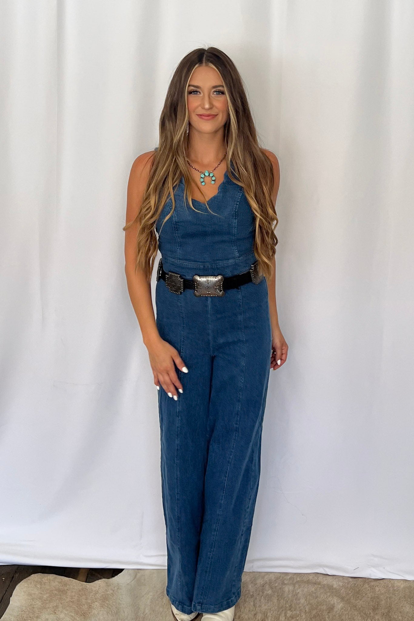 Rosie Scalloped Neckline Denim Jumpsuit - Cowhide and Conchos