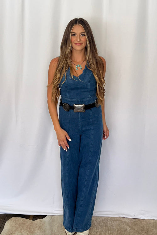 Rosie Scalloped Neckline Denim Jumpsuit - Cowhide and Conchos