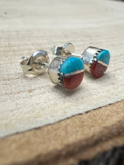 Rowena Laweka Turquoise and Coral Post Earrings - Cowhide and Conchos