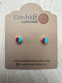 Rowena Laweka Turquoise and Coral Post Earrings - Cowhide and Conchos