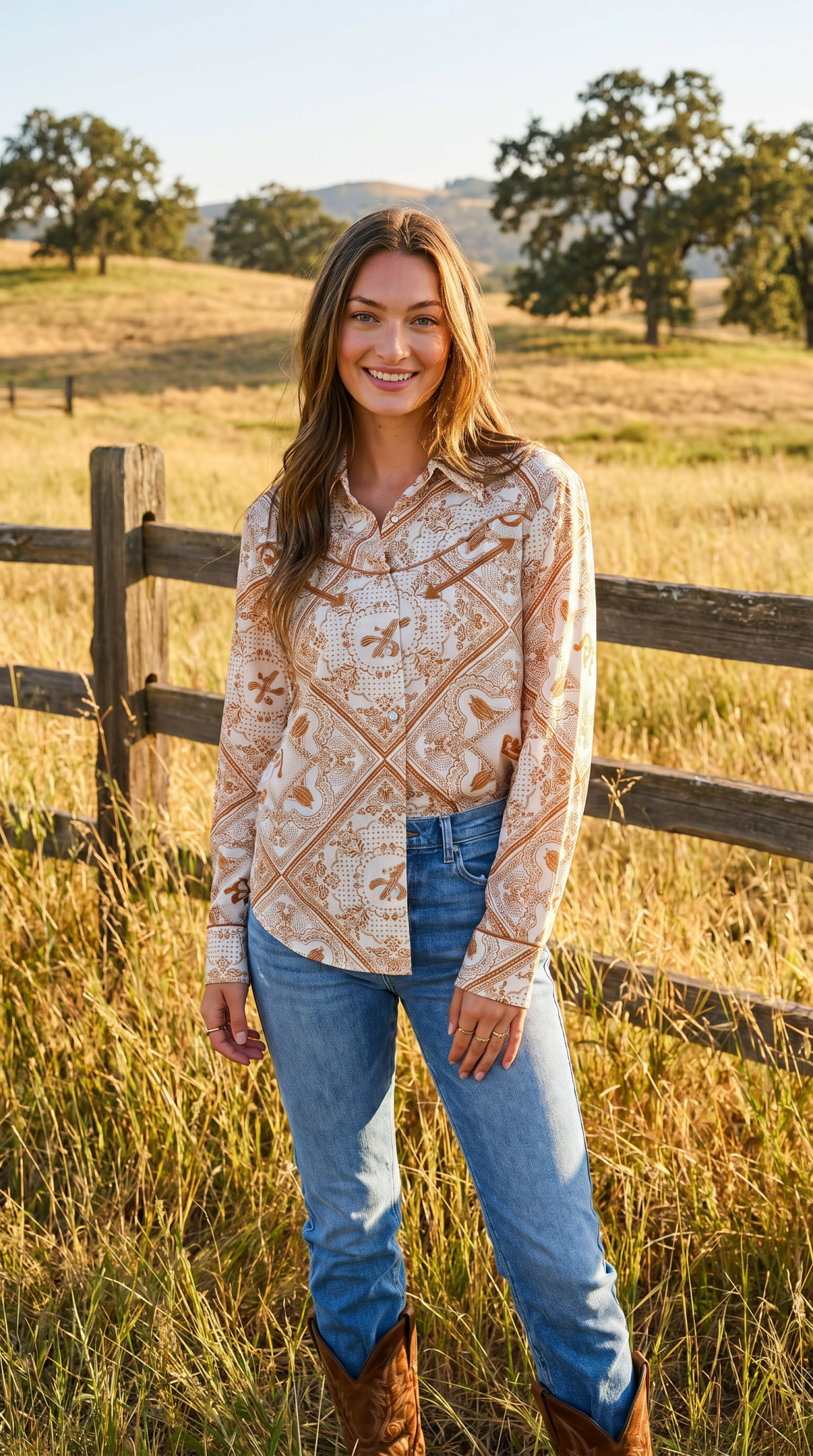 Rust Bandana Vintage Western Snap - Front Shirt - Cowhide and Conchos