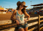 Rustic Brass Colored Rodeo Pendant Necklace – 22" Western Cowgirl Statement Jewelry - Cowhide and Conchos