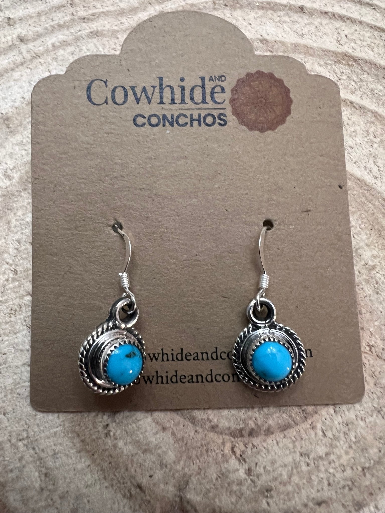 Ryntanna Yazzie Navajo Handmade Kingman Turquoise Earrings - Cowhide and Conchos