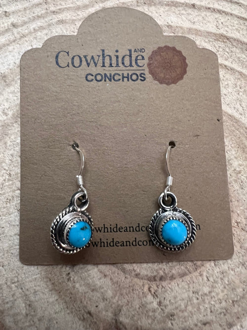 Ryntanna Yazzie Navajo Handmade Kingman Turquoise Earrings - Cowhide and Conchos