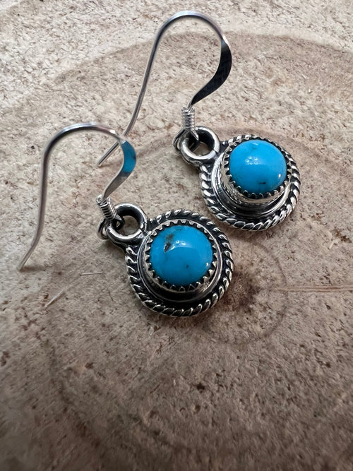 Ryntanna Yazzie Navajo Handmade Kingman Turquoise Earrings - Cowhide and Conchos