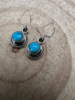 Ryntanna Yazzie Navajo Handmade Kingman Turquoise Earrings - Cowhide and Conchos