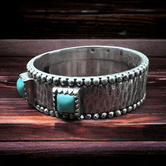 Saddle Up Ring with Kingman Turquoise - Cowhide and Conchos