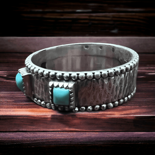 Saddle Up Ring with Kingman Turquoise - Cowhide and Conchos