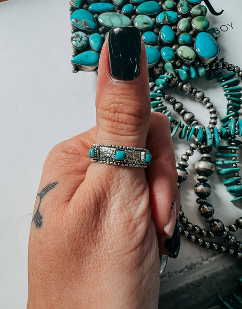 Saddle Up Ring with Kingman Turquoise - Cowhide and Conchos