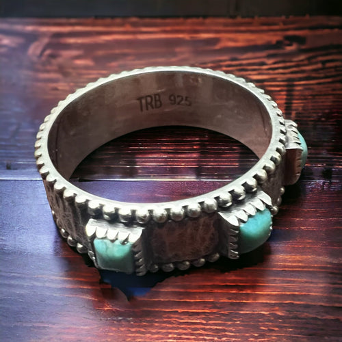Saddle Up Ring with Kingman Turquoise - Cowhide and Conchos
