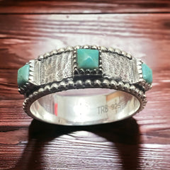 Saddle Up Ring with Kingman Turquoise - Cowhide and Conchos