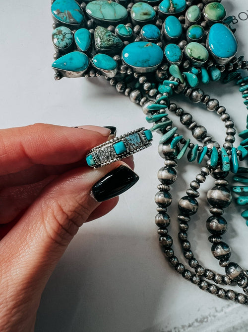 Saddle Up Ring with Kingman Turquoise - Cowhide and Conchos