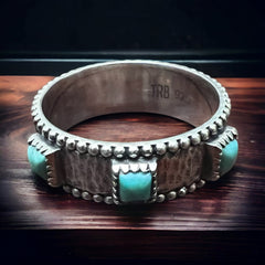 Saddle Up Ring with Kingman Turquoise - Cowhide and Conchos