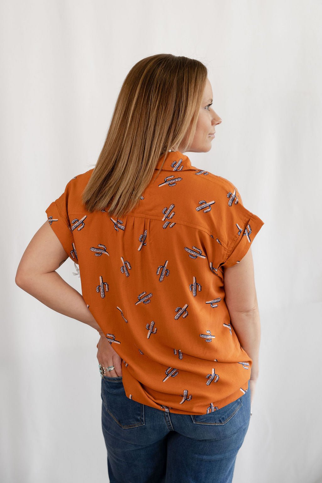 Saguaro Sunset Button Up Blouse - Cowhide and Conchos