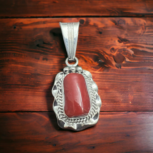 Samuel Yellowhair Coral & Sterling Silver Pendant - Cowhide and Conchos